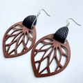 Bohemian leaf-shaped hollow wood and leather drop earrings with floral pattern accents - Black
