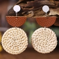 Bohemian rattan drop earrings with brown leather and silver studs for vacation - Dark Brown Leather Rattan Style