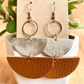 Detail of geometric leather earrings featuring brown texture and silver glitter accents - Two-Layer Semi-Circle Geometric Style (3) / Brown