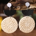 Handmade rattan geometric earrings with black leather and silver metal studs in boho style - Black Leather Rattan Style