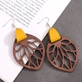 Bohemian leaf-shaped hollow wood and yellow leather earrings with vintage metal hooks - Bright yellow
