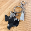 Close-up of Texas-shaped cowhide keychain with a silver bull head charm and white tassel - Texas Map Style(4681680672609)