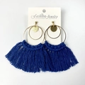 Bohemian deep blue tassel earrings with golden metal rings on a white fashion card - Dark Blue