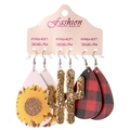 Three-pair earring set with sunflower, golden cactus, and red buffalo plaid patterns - Sunflower and Cactus and Plaid Style