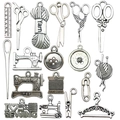 Antique silver sewing machine charm set with scissors and buttons on white background - Mixed Sewing Machine Series Style (SN911)