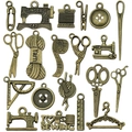 Set of 18 antique bronze sewing themed alloy charms including machine and scissors - Sewing Machine Style / Antique Bronze