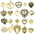 Collection of antique gold heart charms with love engravings for DIY jewelry making - 20pcs Mixed Antique Gold Heart Series (SN918)