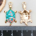 Detail view of colorful sea turtle enamel charm with size measurement showing 2cm height - Printed Turtle / Teal