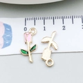 Pink rose enamel charm pendant in gold finish with green leaf detail for DIY jewelry - Pink Enamel Rose (12317) / 9x18mm