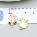 Pink enamel rose pendant with rhinestone center and golden textured metal back - Pink Enamel Rose (16691) / 11x18mm