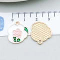 Pink rose flower heart alloy pendant with white enamel and golden mesh back detail - White Enamel Flower Tag (21123) / 18x17mm