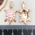 Pink and white enamel sea turtle charm with gold plating for DIY jewelry making - Printed Turtle / Pink