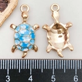 Enameled sea turtle charm with blue and white cloud pattern in rose gold finish - Printed Turtle / Blue