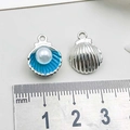Silver shell pendant with light blue enamel and pearl inlay for DIY jewelry making - Pearl Shell / Lake Blue