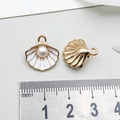 Gold shell pendant with white enamel and pearl, 12mm DIY jewelry charm shown front and back - Shell / White