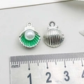 Silver shell pendant with green enamel and white pearl for DIY jewelry making - Pearl Shell / Green