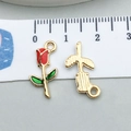 Red and green enamel rose flower alloy charm pendant in golden finish for DIY jewelry - Red Enamel Rose