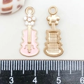 Pink enamel violin charm pendant with gold metal edges and rhinestones for DIY jewelry - Pink Enamel Guitar with Rhinestone (22*9mm)