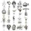 Set of 20 antique silver wine charms including corkscrew, wine glass and barrel pendants - Mixed 20 Antique Silver Wine Series (SN869)
