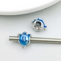 Silver plated puffer fish and oval large hole charms with blue enamel and crystals - 14*12mm / Blue Rhinestone Pufferfish Large Hole Bead (19826)