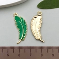 Enamel green feather charms with gold metal back and sizing ruler tool for DIY jewelry - Green Feather Style