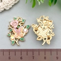 Pink enamel rose and iridescent butterfly charm pendant with golden alloy base - Pink Enamel Pansy