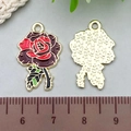 Enameled rose flower alloy pendant charm with deep red petals and golden back - Red Enamel Rose