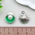 Macro view of shell pendants with green enamel coating and white pearl inlay detail - Artificial Pearl Shell (19041) / 1 Piece/Pack (15x12mm) / Green
