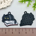 Cute black cat enamel charm with yellow eyes on books for DIY jewelry making - 26*23mm / Black Cat Reading Book