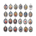 24-piece set of silver religious charms featuring Jesus and saints with vintage engravings - Random Single-Sided Oval Icon Charm (11159)