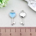 Sky blue heart-shaped key pendant and silver polished metal key charm for DIY jewelry - Heart Key (21917) / 1 Piece (7x19mm) / Blue