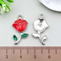 Red enamel rose alloy pendant charms in white gold finish for DIY jewelry 2.5cm - Rose (21931) / 1 Piece (12x23mm) / Red