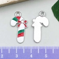 Ciondoli a bastoncino di zucchero natalizio con fiocco rosso e strass per bracciali - 12x23mm / Bastoncino di Zucchero di Natale Smalto Bianco