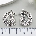 Antique silver howling wolf moon charms with Celtic knot details and star patterns - Howling Wolf Moon Style (21412)