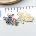 Enamel black crow and red rose gothic charm with golden metal back and ruler scale - Black Enamel Flower Raven (18111)