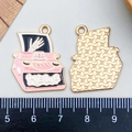 Detail of pink enamel typewriter pendant with HELP text and white hand bone pattern - Pink Enamel Typewriter Style (21774)