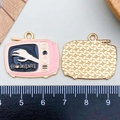 Pink enamel TV pendant featuring a white bone hand pattern and golden textured back - Pink Enamel TV Style (21775)