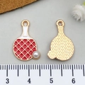Golden alloy table tennis paddle charms with red enamel and pearl detail for DIY jewelry - Enamel Ping Pong Style (21739) / Red