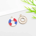 Blue white and red enamel US flag lifebuoy pendant with gold textured back for DIY jewelry - Lifebuoy Shape (16277)