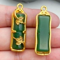 Bamboo-shaped green glass pendants with gold-plated metal frames for DIY jewelry - Green Lampwork Jade Bamboo (22217) / 32*11mm