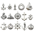 15pcs set of vintage silver nautical charms with anchors and rudders for DIY jewelry - Mixed Nautical Styles