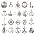 20pcs antique silver nautical charms featuring anchor, sailboat and helm for DIY jewelry - Mixed Nautical Set (SN71)