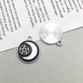 Black enamel crystal ball pendant with silver crescent moon and pentagram symbols - Enamel Star Moon