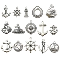 Lot de 15 breloques nautiques en argent antique avec ancres et gouvernails pour bijoux - Styles nautiques mixtes