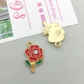 DIY Gold alloy red rose flower pendant with green leaves and inlaid diamond - Red Enamel Rhinestone Rose Style (16690)