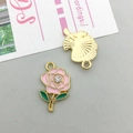 Pink rose enamel flower pendant with rhinestone center for DIY jewelry making - Pink Enamel Rhinestone Rose Style (16691)