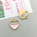 Pink heart enamel charm pendant with gold plating and hollow design for DIY jewelry - Pink Enamel Hollow Heart Style (17512)
