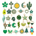 Assorted green enamel alloy charms including flowers and leaves for DIY jewelry making - Mixed Green Styles (HK553)