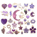 Assorted purple enamel alloy charms with gold edges in heart, star, and unicorn shapes - Purple Charms Mixed Set (HK555) / 30Pcs Pack / Purple