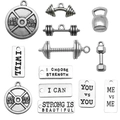 11-piece antique silver fitness charms set with dumbbells, kettlebell, and motivational tags - Antique Silver Fitness Equipment Set (SN64)